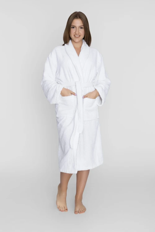 Gruby i mięsisty biały szlafrok hotelowy frotte Classic 450 GSM 100% bawełna Premium Premium z kołnierzem
