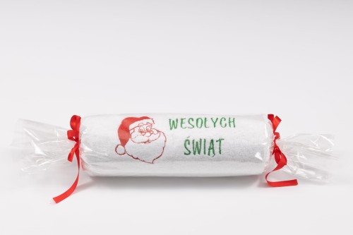 Świąteczny ręcznik z haftem Gwiazdora i napisem Wesołych Świąt 70x140 cm zapakowany w ozdobny celofan