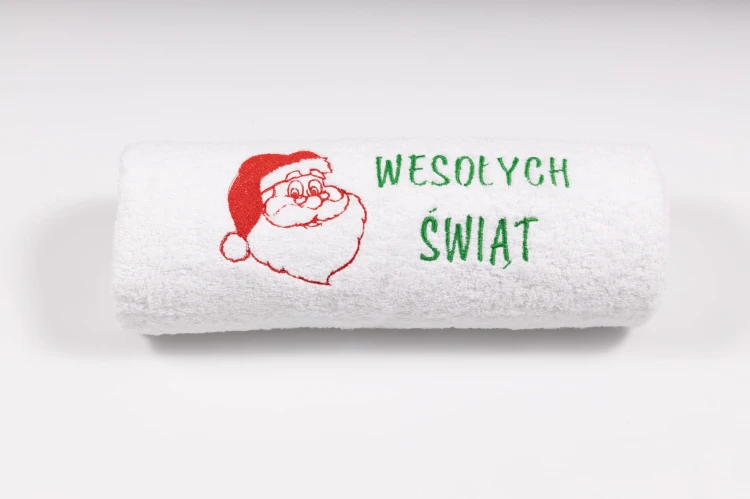 Świąteczny ręcznik z haftem Gwiazdora i napisem Wesołych Świąt 70x140 cm
