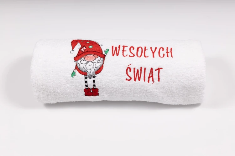 Świąteczny ręcznik z haftem krasnala i napisem Wesołych Świąt 70x140 cm