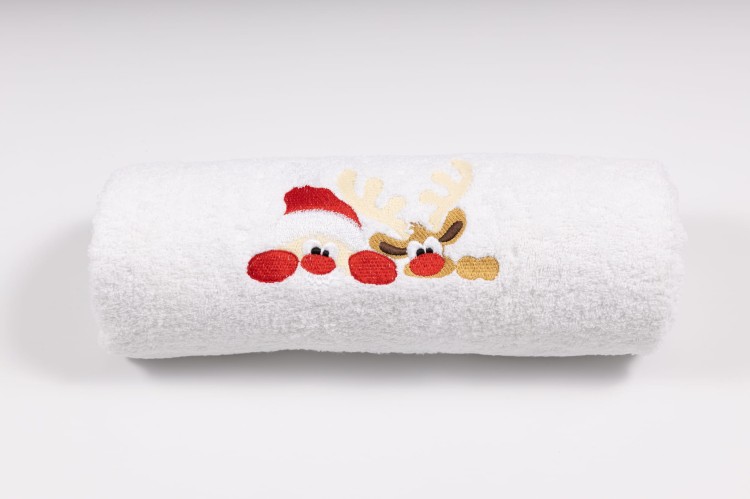 Świąteczny ręcznik z haftem Mikołaja i renifera 70x140 cm