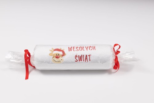 Świąteczny ręcznik z haftem renifera w czapce Mikołaja i napisem Wesołych Świąt 70x140 cm zapakowany w celofan