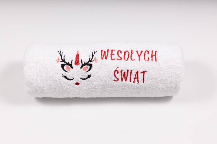 Świąteczny ręcznik z haftem jednorożca i napisem Wesołych Świąt 70x140 cm – prezent pod choinkę dla dziecka