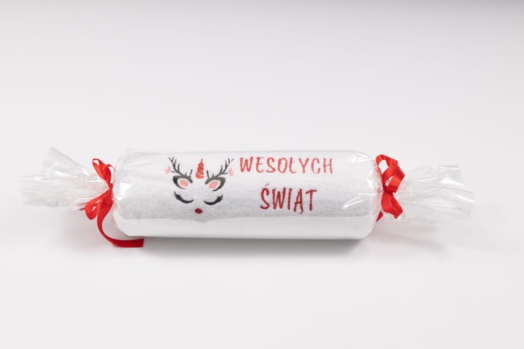 Świąteczny ręcznik z haftem jednorożca i napisem Wesołych Świąt 70x140 cm w celofanie – prezent pod choinkę dla dziecka