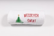 Świąteczny ręcznik z haftem choinki i napisem Wesołych Świąt 70x140 cm