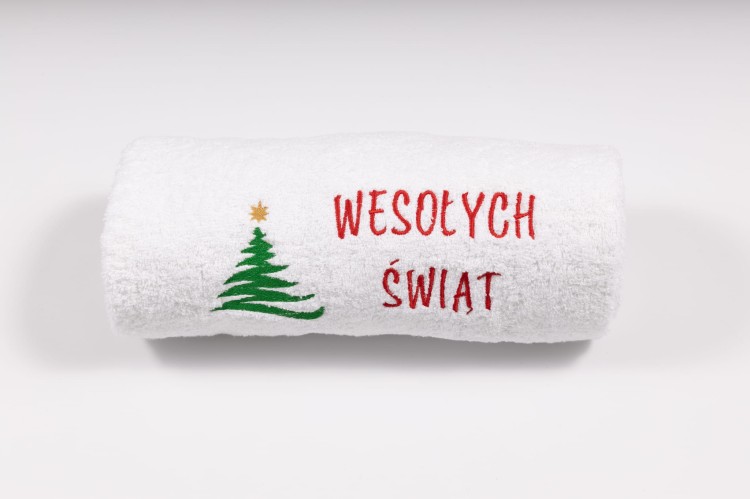 Świąteczny ręcznik z haftem choinki i napisem Wesołych Świąt 70x140 cm
