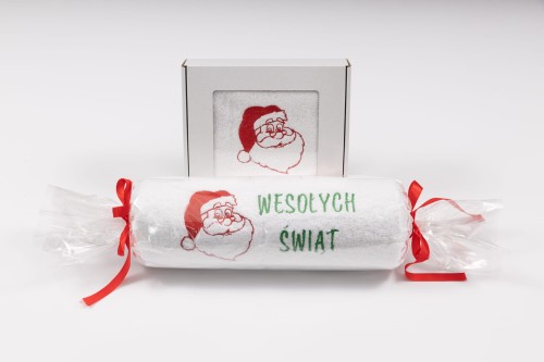 Zestaw świątecznych ręczników 70x140 i 50x100 cm z haftem Gwiazdora i napisem Wesołych Świąt – duży w celofanie, mały w pudełku z okienkiem