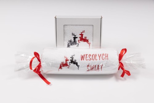 Zestaw świątecznych ręczników 70x140 i 50x100 cm z haftem reniferów i napisem Wesołych Świąt – duży w celofanie, mały w pudełku z okienkiem