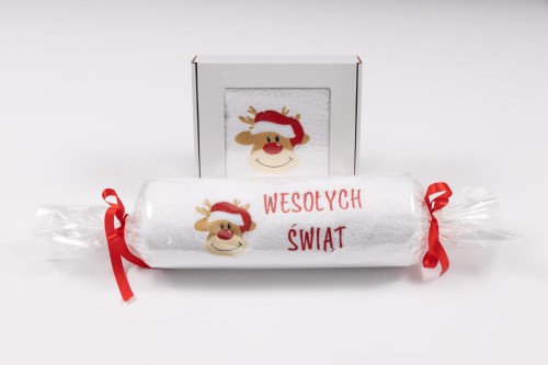Zestaw świątecznych ręczników 70x140 i 50x100 cm z haftem renifera i napisem Wesołych Świąt – duży w celofanie, mały w pudełku z okienkiem