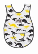 Bawełniany fartuszek do przedszkola z wzorem w dinozaury i dużym personalizowanym haftem imienia oraz nazwiska dziecka, szara lamówka