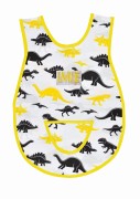 Bawełniany fartuszek do przedszkola z wzorem w dinozaury i dużym personalizowanym haftem imienia oraz nazwiska dziecka, żółta lamówka