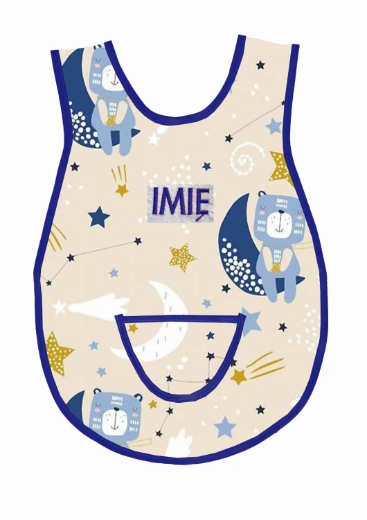 Bawełniany fartuszek do przedszkola z wzorem w misie, kosmos i dużym personalizowanym haftem imienia oraz nazwiska dziecka, granatowa lamówka
