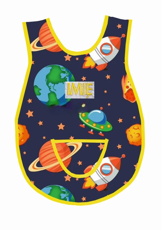 fartuszek planety pomarańczowe granatowe tło kosmos wz 572 żółta lamówka.jpg
