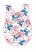 Bawełniany fartuszek do przedszkola  z wzorem w motylki i dużym personalizowanym haftem imienia oraz nazwiska dziecka, różowa lamówka