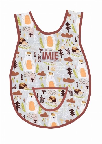 fartuszek leśny świat ;lisek misiu jeżyk szare tło wz 1479 brązowa lamówka.jpg