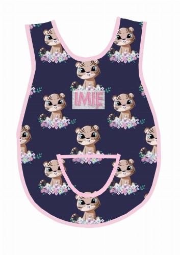 fartuszek tygryski w kwiatach granatowe tło wz 1570  jasny róż lamówka.jpg