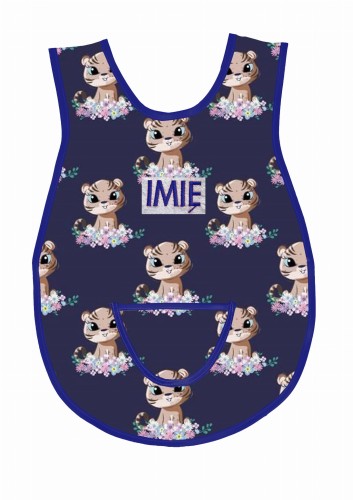 fartuszek tygryski w kwiatach granatowe tło wz 1570 granatowa lamówka.jpg