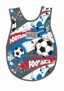 Bawełniany fartuszek do przedszkola  z wzorem w football, piłki i dużym personalizowanym haftem imienia oraz nazwiska dziecka, szara lamówka