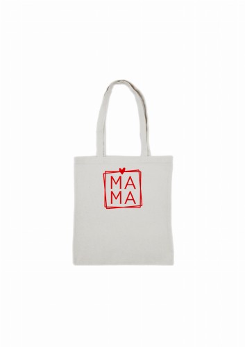 Biała torba bawełniana z czerwonym haftem prezentu i napisem MAMA – zbliżenie na precyzyjny haft.