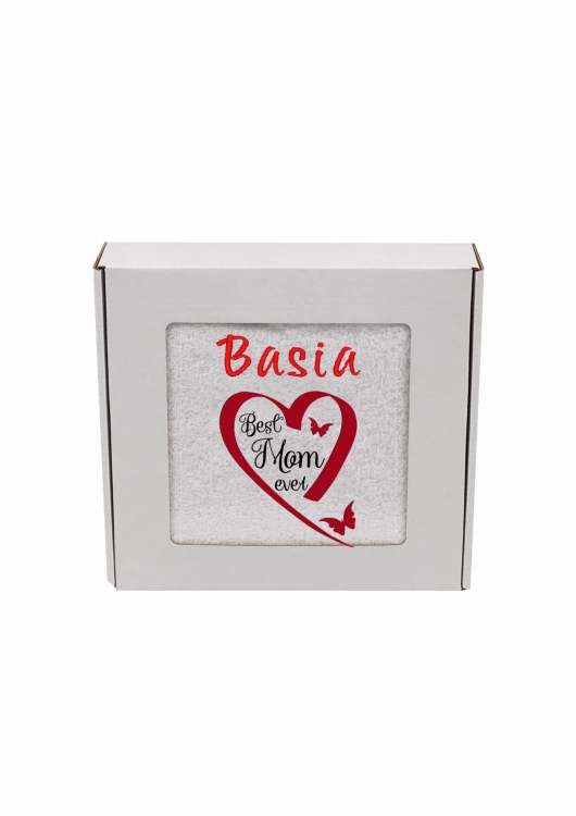 Ręcznik z personalizowanym haftem na Dzień Mamy biały, bawełna frotte 500 g,  zapakowany na prezent w pudełko z okienkiem
