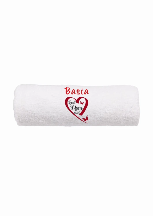 Ręcznik z personalizowanym haftem na Dzień Mamy biały, bawełna frotte 500 g,  zapakowany na prezent