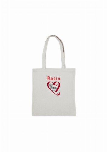 Biała torba bawełniana z kolorowym haftem " best mom ever i  imię"  – zbliżenie na precyzyjny haft.