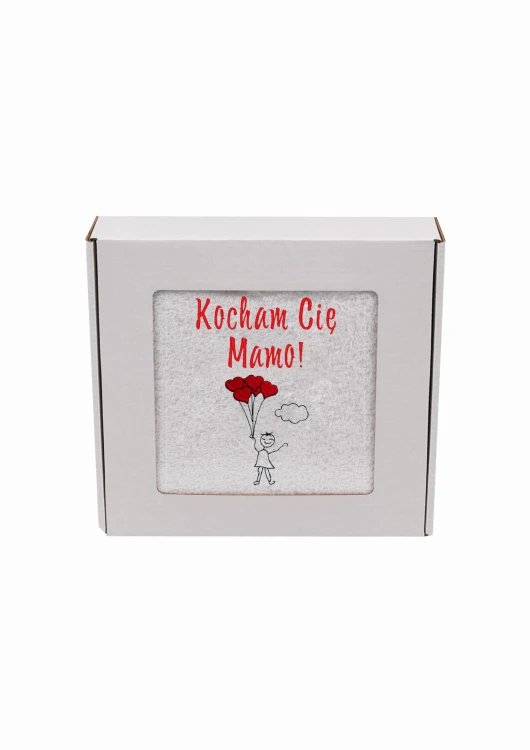 Ręcznik z personalizowanym haftem na Dzień Mamy biały, bawełna frotte 500 g,  zapakowany na prezent w pudełko z okienkiem