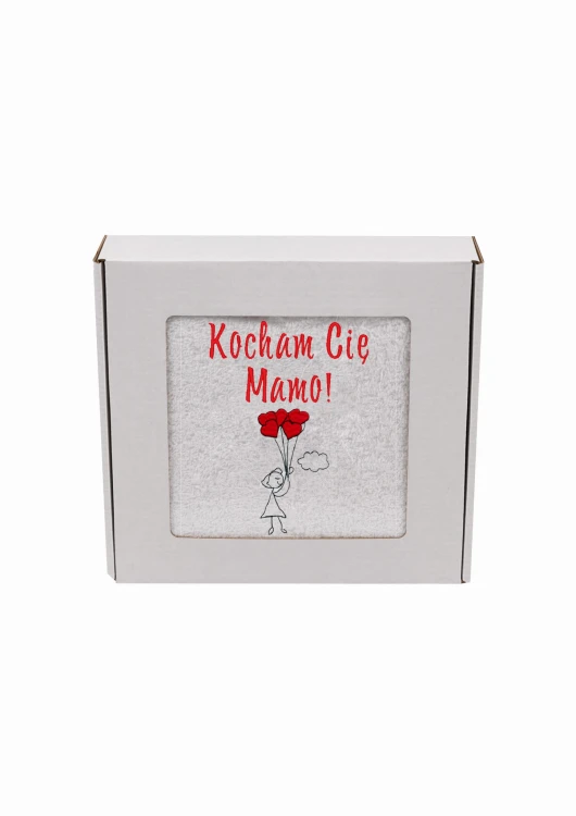 Ręcznik z personalizowanym haftem na Dzień Mamy biały, bawełna frotte 500 g,  zapakowany na prezent w pudełko z okienkiem