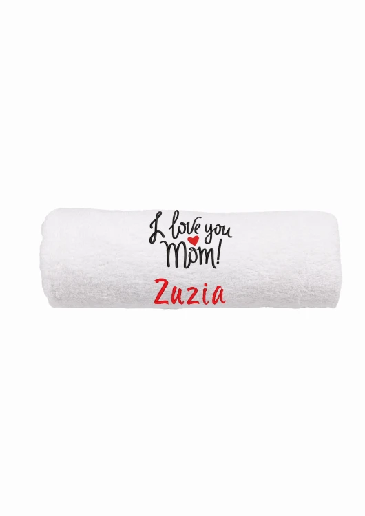 Ręcznik z personalizowanym haftem na Dzień Mamy biały, bawełna frotte 500 g,  zapakowany na prezent