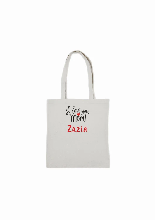 Biała torba bawełniana z czerwonym i czarnym haftem "I love You Mom" – zbliżenie na precyzyjny haft.