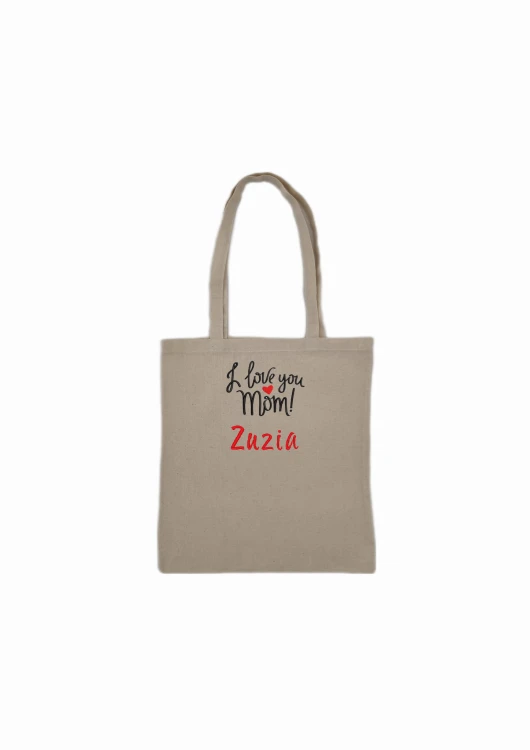 Naturalna torba bawełniana z czerwonym i czarnym haftem "I love You Mom" – zbliżenie na precyzyjny haft.