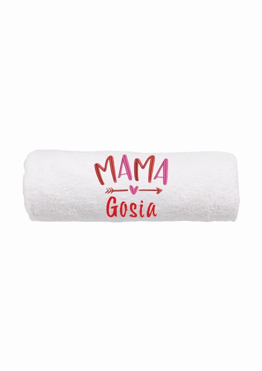 Ręcznik z personalizowanym haftem na Dzień Mamy biały, bawełna frotte 500 g,  zapakowany na prezent