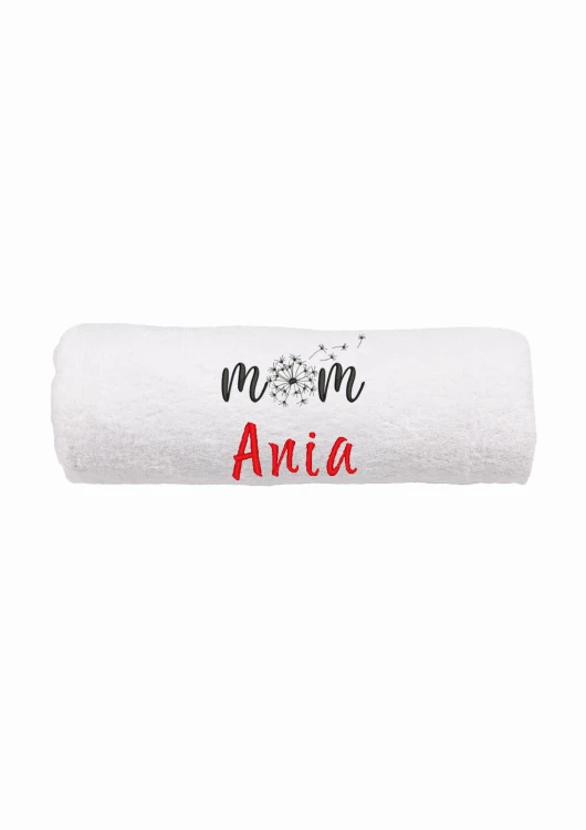 Ręcznik z personalizowanym haftem na Dzień Mamy biały, bawełna frotte 500 g,  zapakowany na prezent