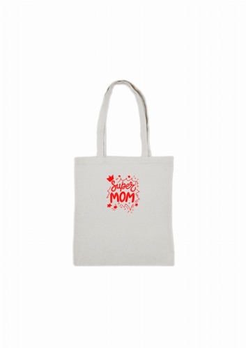 Biała torba bawełniana z czerwonym haftem Super  Mom – zbliżenie na precyzyjny haft.