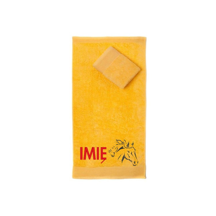 Ręcznik do przedszkola z haftem konia i imieniem dziecka, bawełna premium 500g.