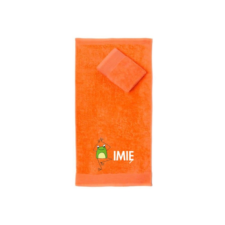 Ręcznik do przedszkola z haftem żaby i imieniem dziecka, bawełna premium 500g.