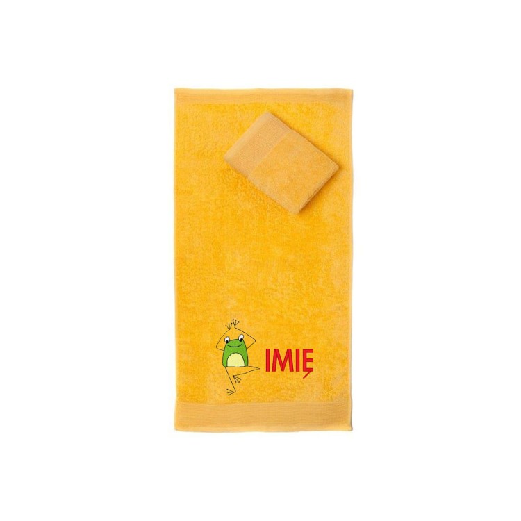 Ręcznik do przedszkola z haftem żaby i imieniem dziecka, bawełna premium 500g.