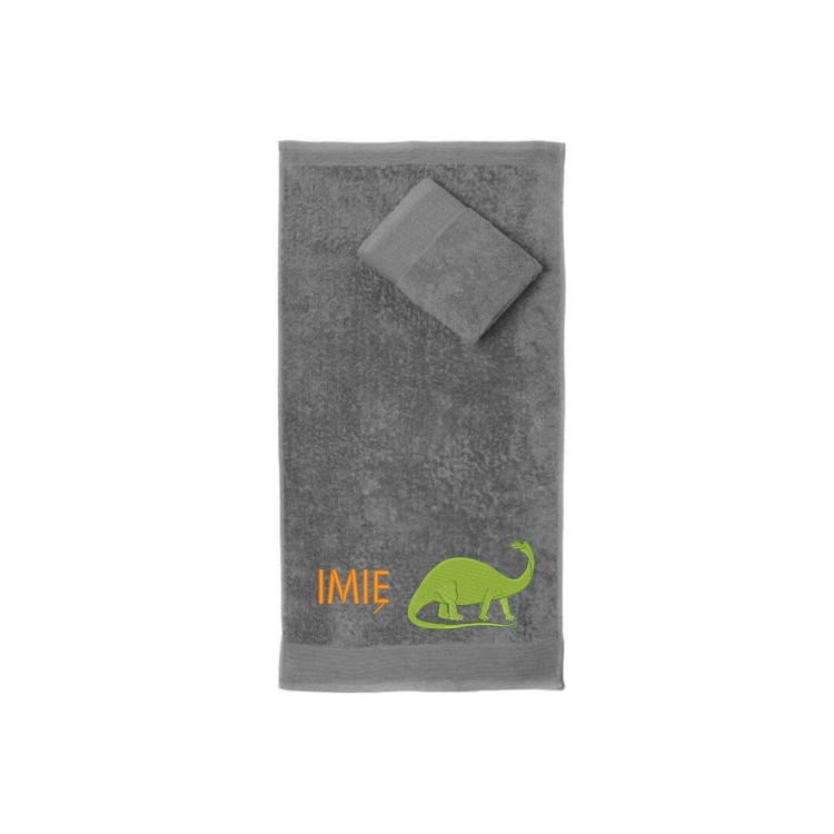Ręcznik do przedszkola z haftem dinozaura i imieniem dziecka, bawełna premium 500g.
