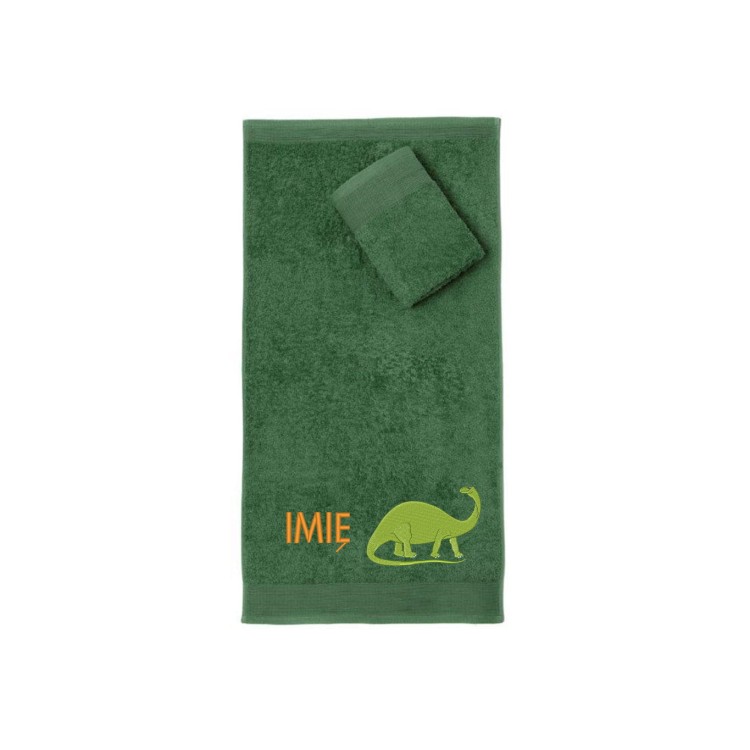 Ręcznik do przedszkola z haftem dinozaura i imieniem dziecka, bawełna premium 500g.