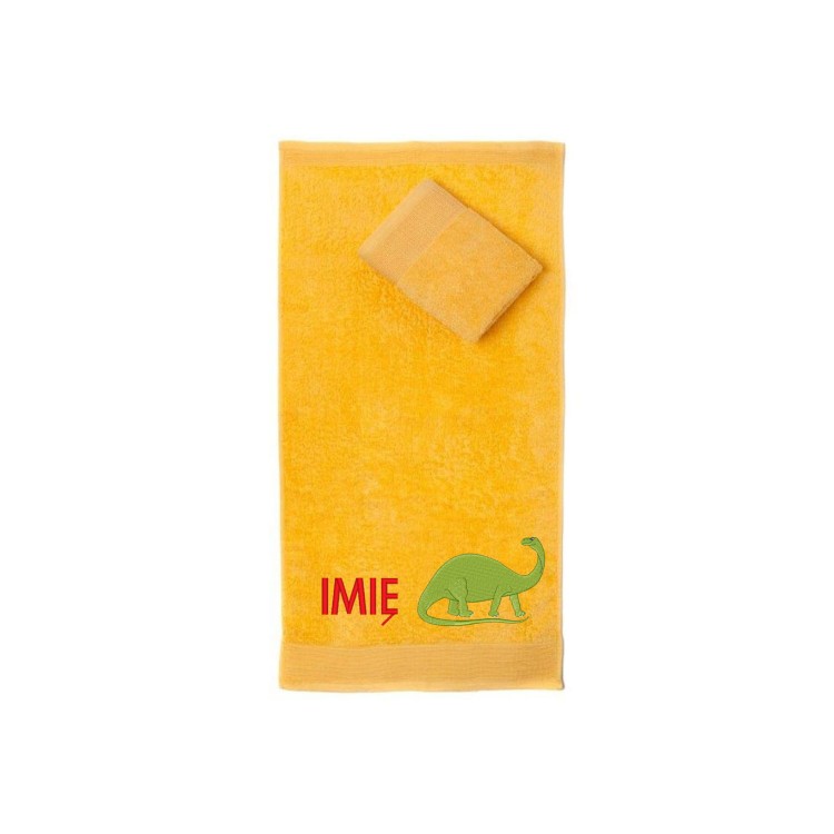 Ręcznik do przedszkola z haftem dinozaura i imieniem dziecka, bawełna premium 500g.
