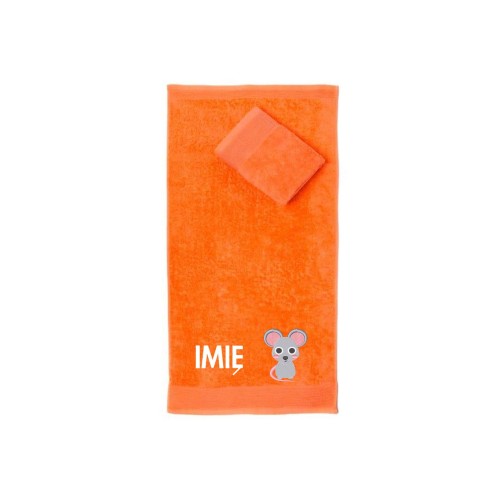 Ręcznik do przedszkola z haftem myszki i imieniem dziecka, bawełna premium 500g.