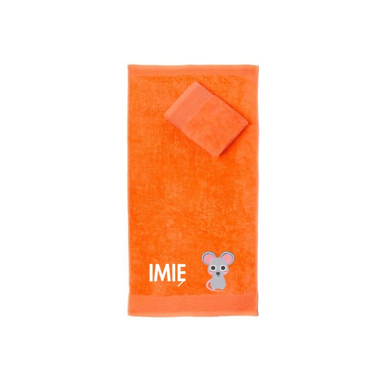 Ręcznik do przedszkola z haftem myszki i imieniem dziecka, bawełna premium 500g.