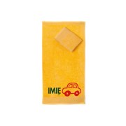 Ręcznik do przedszkola z haftem autka i imieniem dziecka, bawełna premium 500g.