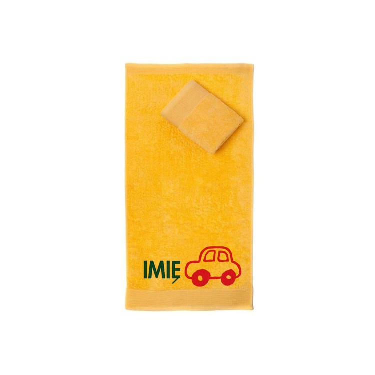 Ręcznik do przedszkola z haftem autka i imieniem dziecka, bawełna premium 500g.