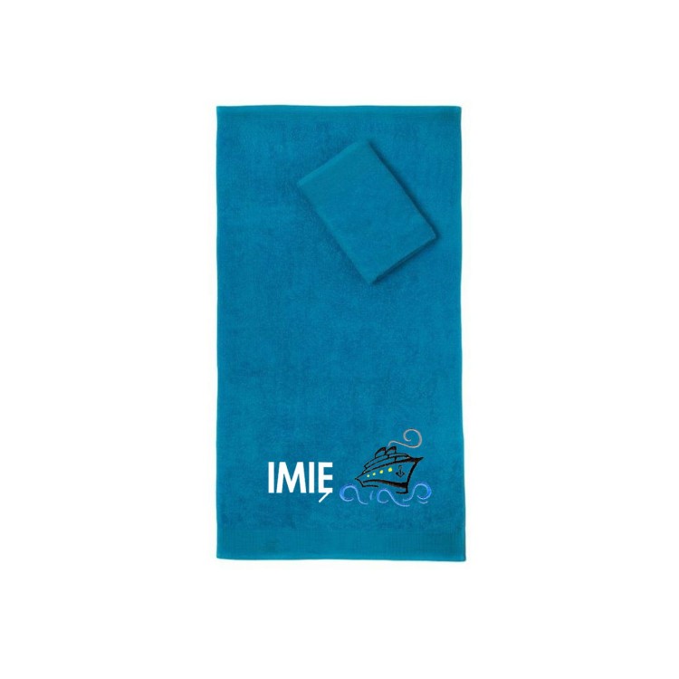 Ręcznik do przedszkola z haftem statku i imieniem dziecka, bawełna premium 500g.