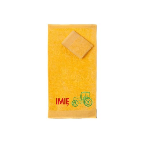 Ręcznik do przedszkola z haftem traktora i imieniem dziecka, bawełna premium 500g.