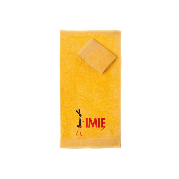 Ręcznik do przedszkola z haftem króliczka i imieniem dziecka, bawełna premium 500g.