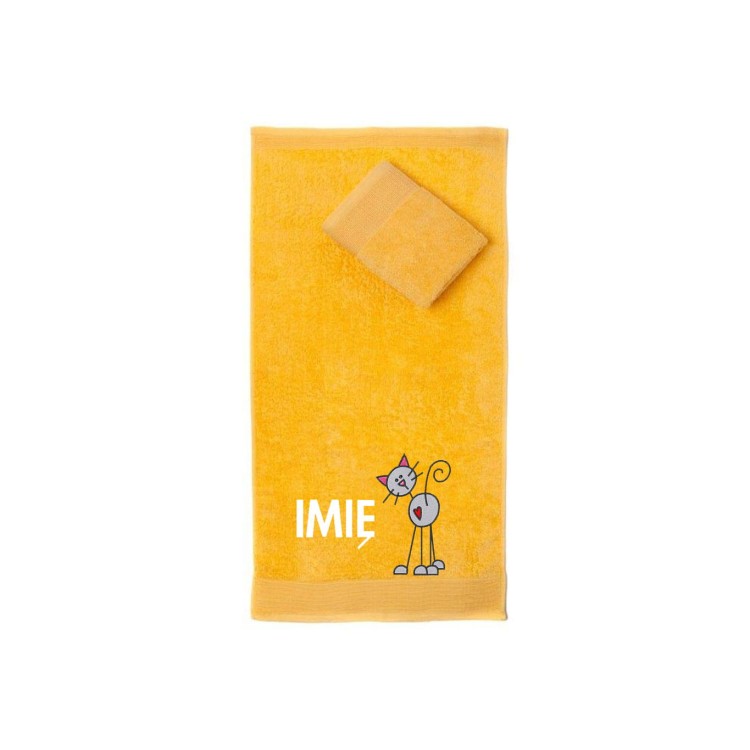Ręcznik do przedszkola z haftem kota i imieniem dziecka, bawełna premium 500g.
