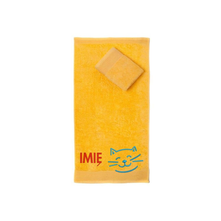 Ręcznik do przedszkola z haftem kota i imieniem dziecka, bawełna premium 500g.