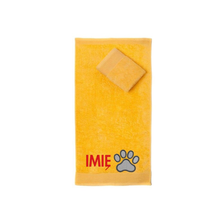 Ręcznik do przedszkola z haftem łapki psa i imieniem dziecka, bawełna premium 500g.
